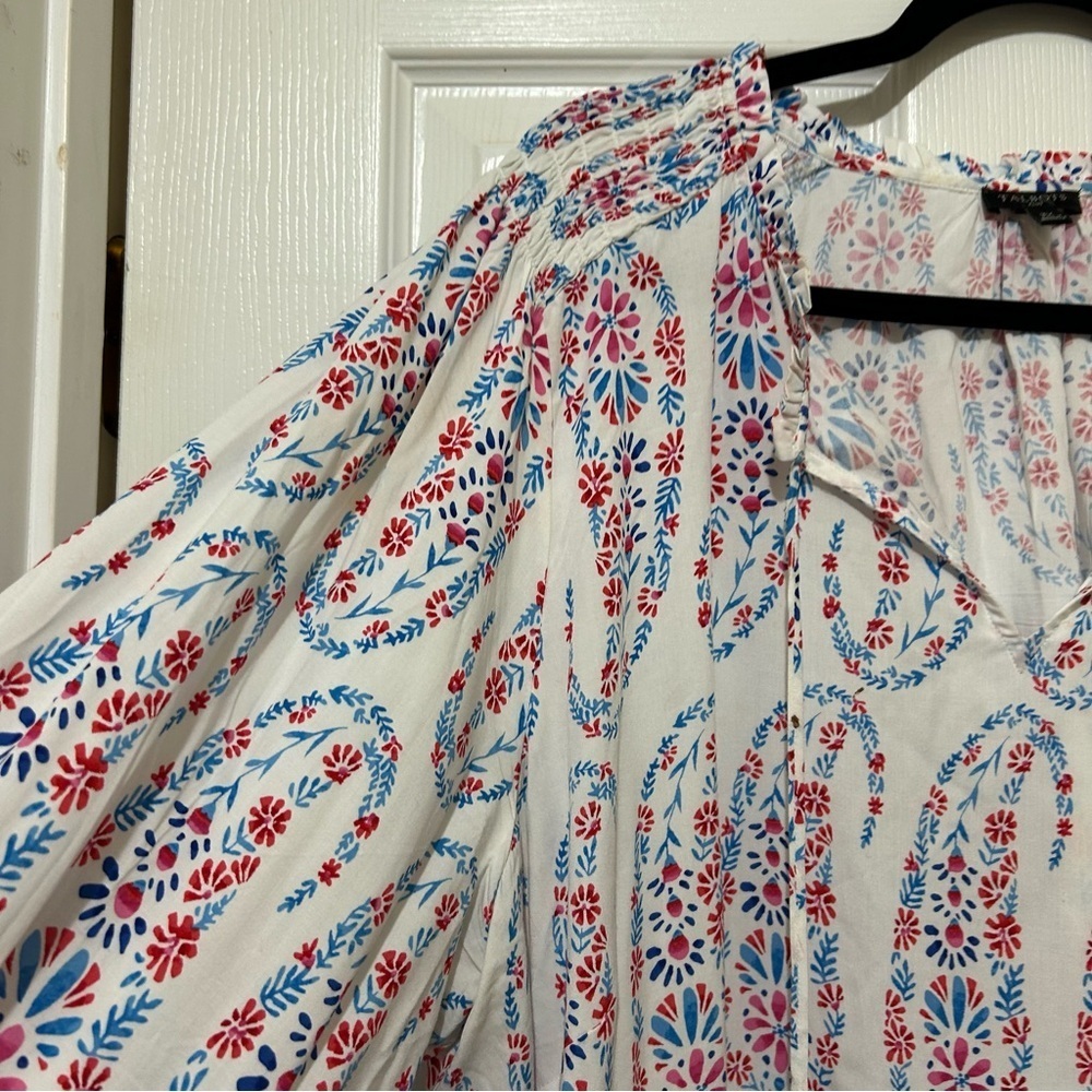 Talbots Blouse Floral Paisley Smocked Resortwear Coastal White Blue Plus Size 3X - Picture 4 of 8